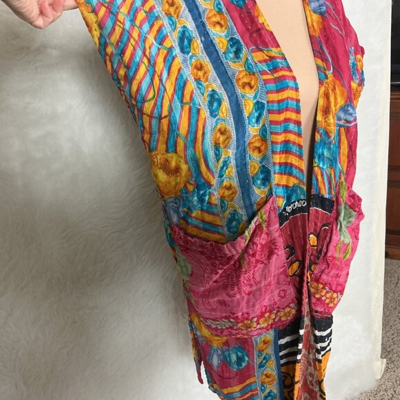 Kantha Bae Open Front Yellow, Red, Blue Green Floral Stitch Jacket Ruana OS - Picture 2 of 7